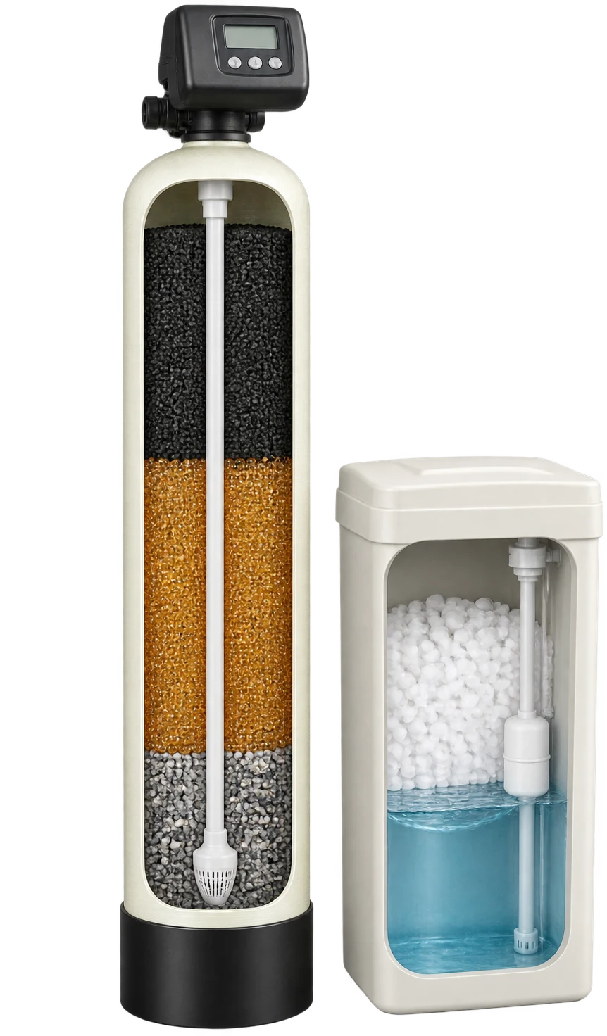 Illustrative cutaway of a tank and brine assembly from Simple Water Service’s website